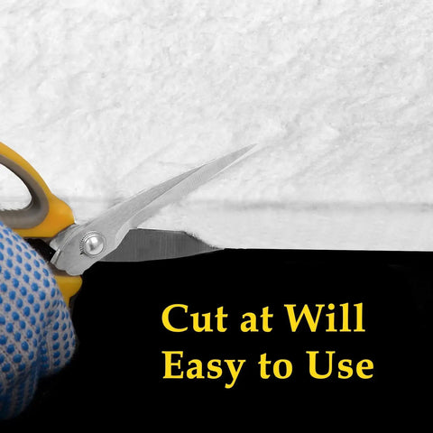 Close-up of scissors cutting 32 Inch By 24 Inch By 1 Inch Ceramic Fiber Blanket Heavy Duty Fireproof Insulation Baffle Rated To 2400F.