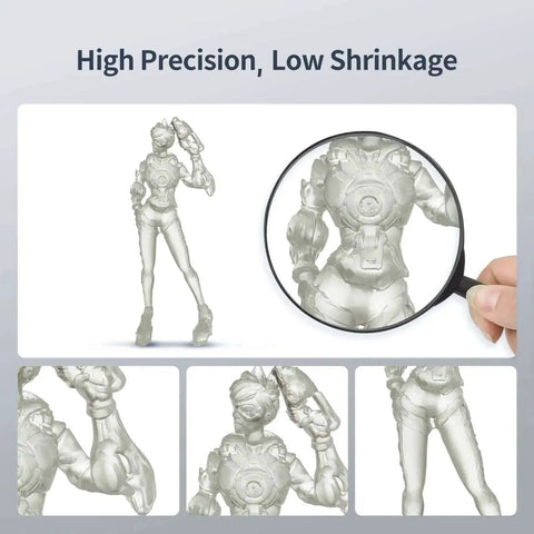 3D printed model using Tough 3D Printer Resin 2.0 with high precision details shown through a magnifying glass