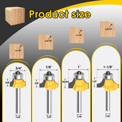 Four Piece Roundover Router Bit Set With 1/4 Inch Shank Industrial Grade C2 Carbide Bits For 1/8 1/4 3/16 5/16 Inch Cutting Diameters, Pro Grade CNC Woodworking Edging Molding Bits For Precise Profiling And Ultra Smooth Cuts product size chart with bit dimensions and radii.