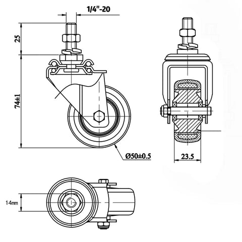 Technical diagram of 2 Inch Heavy Duty Stem Caster Wheels Set Of 4 With One Quarter Inch Twenty Threaded Swivel Casters, 600 Lb Total Static Load, Premium Polyurethane Wheels In Black, Replacement For Wire Shelves, Workbenches, Freezers And More.