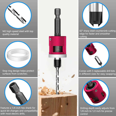 5 Piece Countersink Drill Bit Set With Adjustable Depth Stop And Quick Change Quarter Inch Hex Shank For Woodworking 82 Degree Chamfer Bits