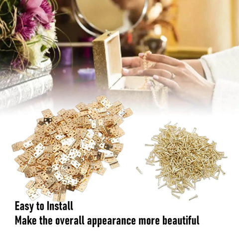 Brass Mini Hinge Set With 200 Pieces And 800 Screws, ideal for jewelry boxes, dollhouses, small cabinets and drawers.