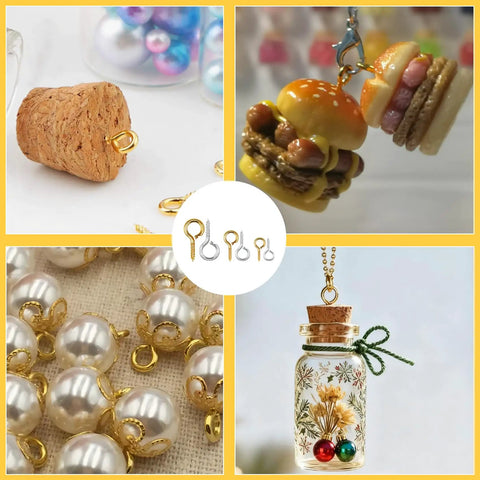 800Pcs Screw Eye Pins Kit For Jewelry Making and DIY Crafts shown in a collage with cork, charms, pearls, and decorative jar
