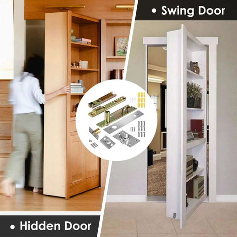 Hidden Door Hinges With Ball Catch For Heavy Duty 220 LB Wood Doors 360 Degree Secret Bookcase Murphy Bookshelf System Invisible Hinge Hardware for Cabinets Panels and Hidden Rooms Easy Install