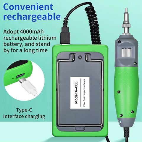 Fiber optic inspection video probe A-600 with green handheld unit and gray probe head, USB-C charging, 4000mAh battery.