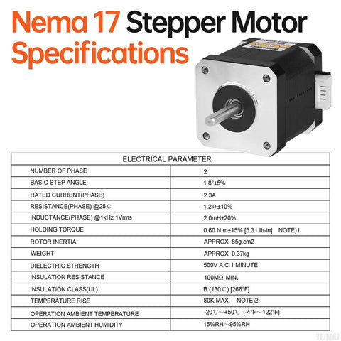 Nema 17 Stepper Motor specifications with 2-phase, 1.8 degree, 0.6Nm torque, and electrical parameters chart