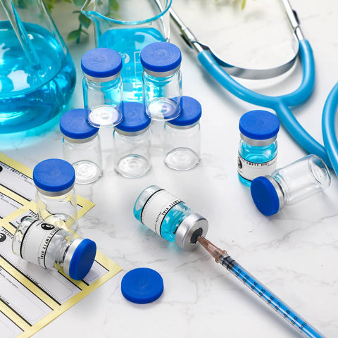 Threlaco 20x 5ml sealed sterile glass vials with blue caps and 20 label stickers in lab scene