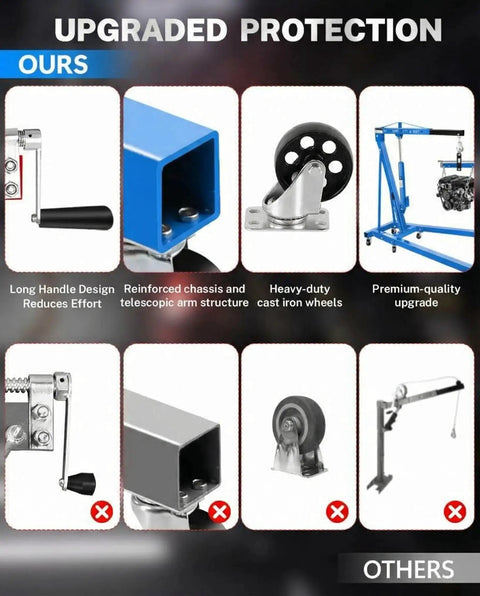 2-Ton hydraulic engine hoist crane with lever, folding cherry picker frame and 6 locking wheels.