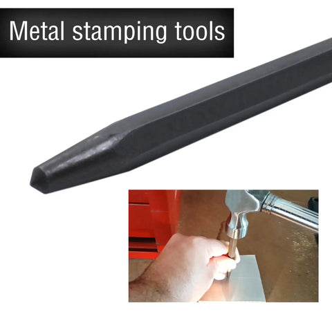 Heavy Duty Four Piece Center Punch Set in use, showing metal scribing with black oxide finish for rust prevention