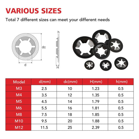 Various sizes of Grab N Go 350Pcs Internal Tooth Star Lock Washers And Push Nuts Kit in Black M3 to M12 sizes chart