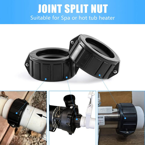 2-inch spa hot tub heater split nut unions with screws and gasket, black plastic, Amazon brand