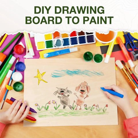 Child drawing animals on a DIY drawing board surrounded by paints, brushes, and art tools.