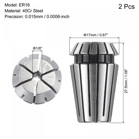 ER16 Spring Collet One Eighth Inch Clamping Diameter For CNC Milling Engraving Lathe Machines Pack Of Two 40Cr Steel High Precision 0.015mm