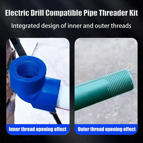 Image showing inner and outer thread effects of the Two Pack Dual Function Pipe Threader Kit For Home DIY Internal And External PVC Cutter With One Half Inch And Three Quarter Inch Dies Electric Drill Compatible.