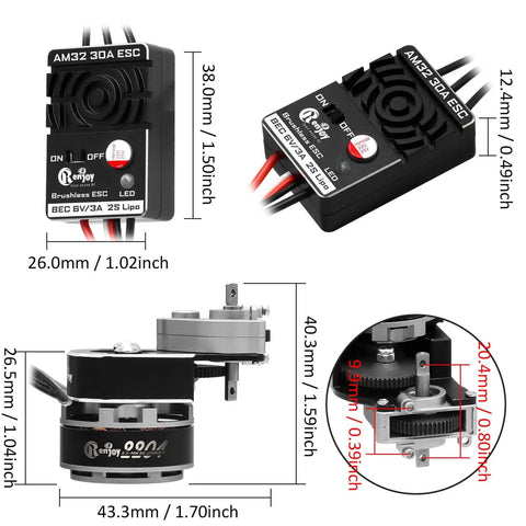 2204 2400KV Brushless Outrunner Motor With Transmission And 30A ESC for Axial SCX24 RC Truck, dimensions indicated