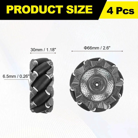 Two Pack 66mm Mecanum Wheels Set 2.6 Inch Omnidirectional Wheels Kit dimensions image, black rubber and ABS material for smart robot cars.