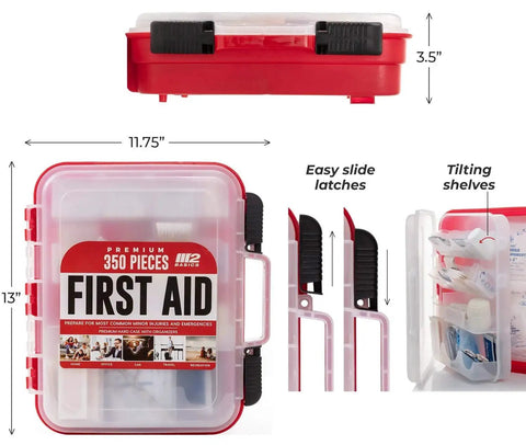 Professional 350 Piece First Aid Kit With Wall Mountable Dual Layer Hard Case showing dimensions, front, and side views