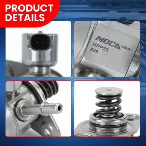 Close-up views of a high pressure fuel pump marked as Moca USA HPP23, fitting Buick Regal 2.0L 2014 2017 and Chevrolet Impala 2.5L 2014 2019.