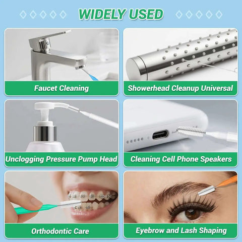 Image showing uses of Shower Head Revival All In One Cleaning Kit With 50 Ultra Fine Nylon Brushes And 20 Surgical Steel Picks: faucet, showerhead, pump, phone speakers, orthodontic, eyebrow.