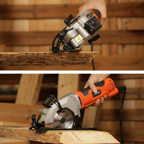User operating Powerful 4 Amp Mini Circular Saw With Laser Guide And Vacuum Adapter cutting wood in a workshop setting.