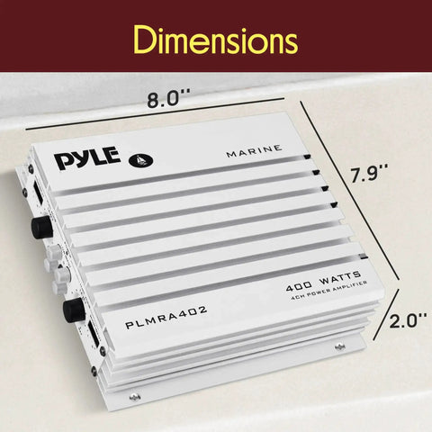 Hydra Marine 400W 4 Channel Amplifier Waterproof With Dual MOSFET Power Supply Gain Controls RCA Input LED Indicator shown with dimensions
