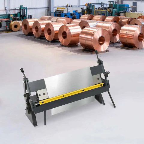 24 Inch Pan And Box Brake 0 To 135 Degree Manual Sheet Metal Bender With Removable Fingers in a workshop with copper rolls