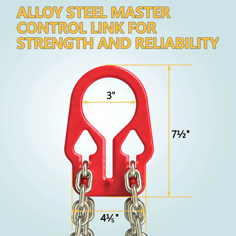 Front view of red lifting chain sling with two grab hooks, 5/16 in x 10 ft