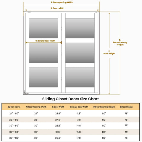 Bifold Closet Door For 24x80 Opening With Tempered Frosted Glass Folding Barn Door Kit size chart and dimensions guide