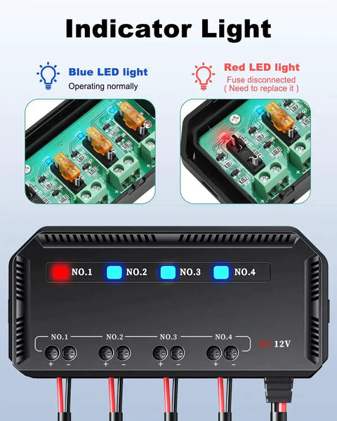 12V Motorcycle Fuse Block Kit With 20A Relay Box And LED Indicator, showing blue and red LED for circuit status.