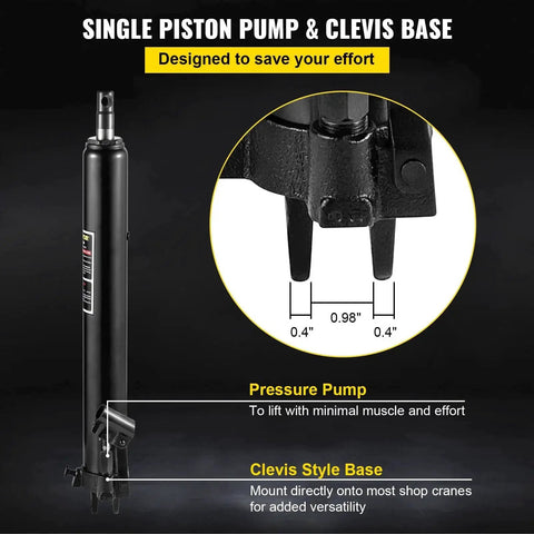 Close-up of Three Ton Hydraulic Long Ram Jack With Clevis Base for Engine Hoist showing piston pump and base dimensions.