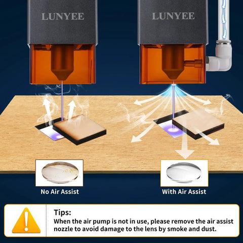 Comparison of laser cutter performance with and without air assist using Air Assist Pump Kit For Laser Cutter And Engraver With Adjustable 30 Liters Per Minute Flow Keeps Smoke And Dust Out Protects Laser Lens Improves Engraving Quality And Delivers Clean Cutting Edges Compatible With D1 Pro And D1