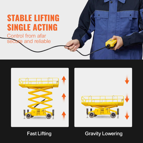 VEVOR hydraulic pump power unit, 4-quart, yellow scissor lift; handheld remote shown; fast lifting.