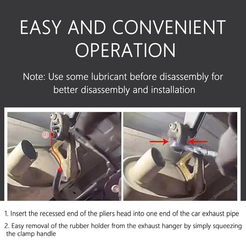 Exhaust Hanger Removal Tool With 25 Degree Offset Design And Non Slip Pliers in use on car exhaust system.