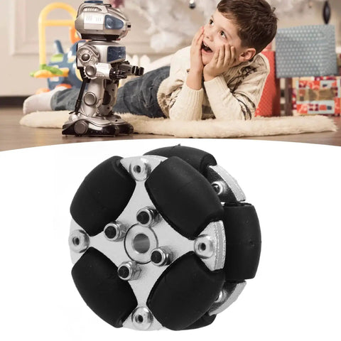 Boy watching robot with 38mm Aluminum Omni Wheel With 8 PU Coated Rollers Omnidirectional Robot Wheel Replacement With Metal Hubs.
