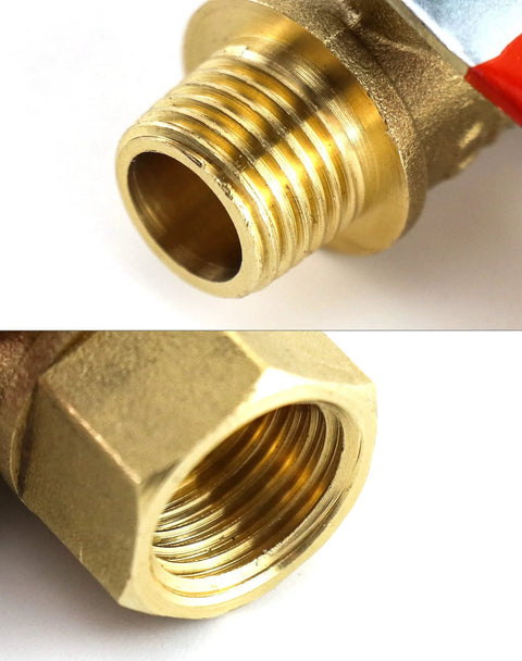 QWORK brass ball valve, 1/4 in NPT, with male and female threaded ends, close-up view of fittings.