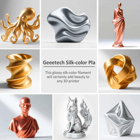Various 3D printed objects using Silk PLA Filament 1.75mm For 3D Printer 1Kg Spool Metallic White With Dope Glossy Silk Finish Eye-Popping Shine.