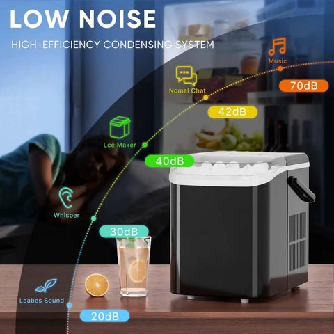 Side view of Countertop Ice Maker With Handle 26 Lb 24H Portable 9 Bullet Ice Cubes on counter, showcasing low noise feature.