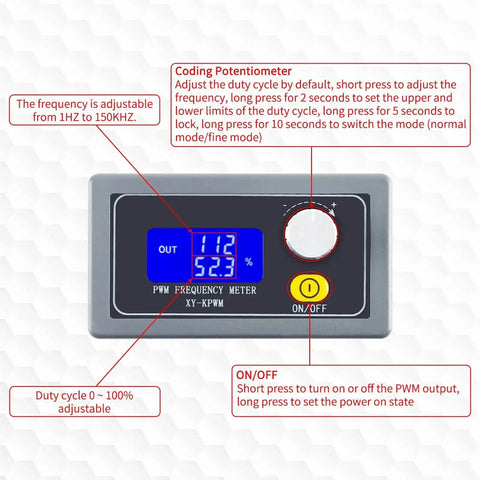 Beefy 1-Channel PWM Signal Generator XY-KPWM, front view, showing LCD display and control buttons for dual mode frequency adjustment.
