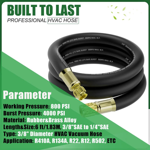 HVAC vacuum hose, 6 ft, 3/8 in ID, 3/8–1/4 in brass fittings, black rubber, 800 PSI working, 4000 PSI burst