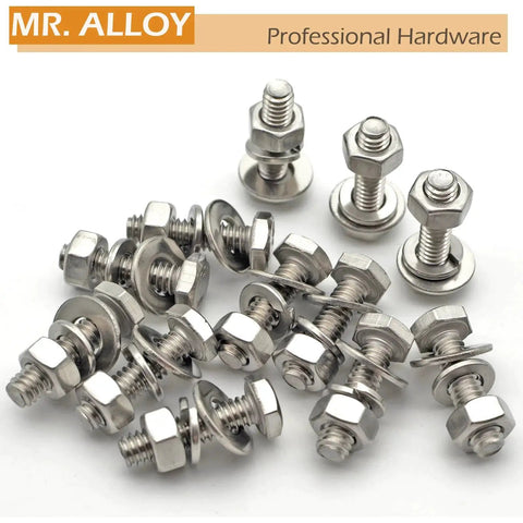 Durable 1/4-20 hex bolt kit with nuts, flat washers and lock washers in premium 304 stainless steel for rust resistance, includes 12 bolts, 12 nuts, 12 flat washers and 12 spring washers for automotive, furniture, marine and outdoor projects.
