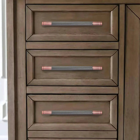 10 Pack 5 Inch Aluminum Knurled Brushed Antique Copper Cabinet Pulls installed on wooden drawers