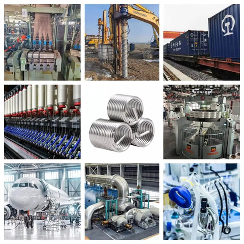 Collage of industrial scenes with M6 wire thread inserts for 6mm drill, 1mm pitch, 2D length in 304 stainless steel metric, 100 pcs pack.