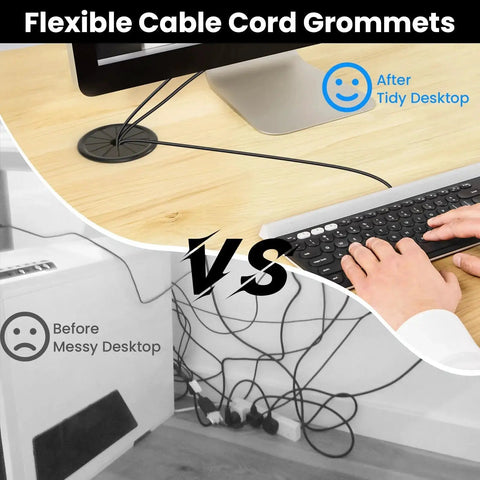 Comparison of a tidy desk using Petal Shaped Cable Grommets For One And One Half Inch Wire Holes Pack Of Five Nylon 94V2 with a messy desk.