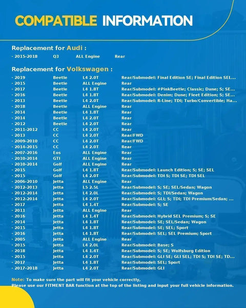Compatibility list for VW and Audi rear wheel hub bearing assembly, detailing models and years from 2005 to 2018.