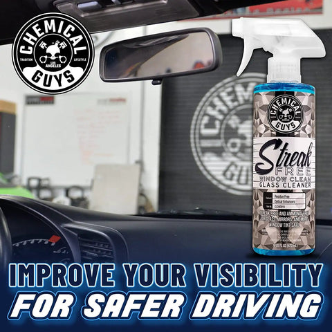 Streak Free Glass And Window Cleaner That Delivers Crystal Clear Windows For Car, Truck, SUV And Home, Mirrors And Navigation Screens, Ammonia Free And Safe On Tinted Glass 473 Ml From Chemical Guys in a car interior with spray bottle focus.