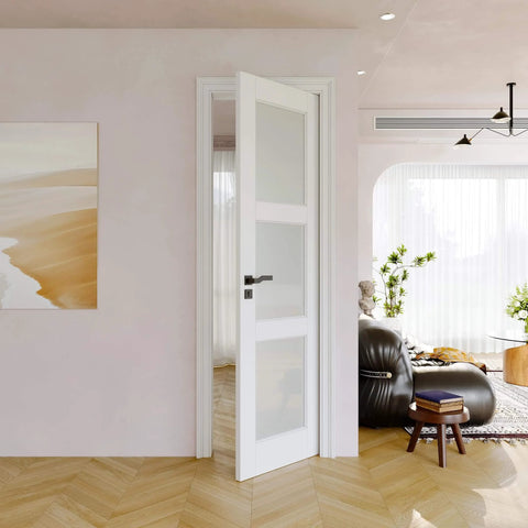 24x80 Glass Door Slab For Interior Rooms, Modern French Style Door Panel, installed in a living room, CARB P2 MDF, frosted glass