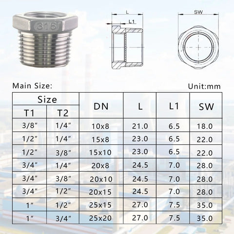 316 stainless steel hex bushing reducer, Amazon brand, 3/4in NPT male to 1/4in NPT female plumbing fitting
