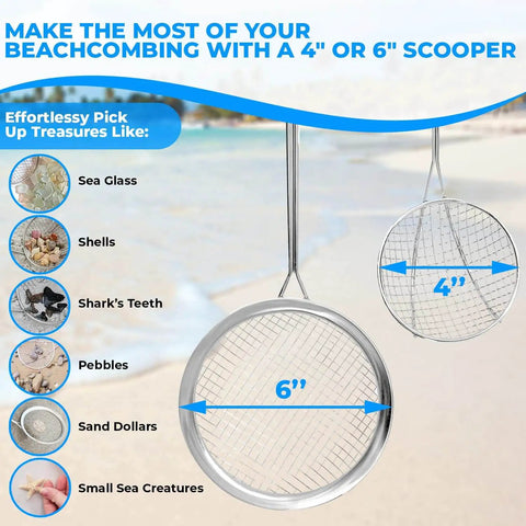 Beach Dipper Sifter Shovel For Beachcombing With 6 Inch Basket, showcasing sifting options for sea glass, shells, and shark teeth in use.
