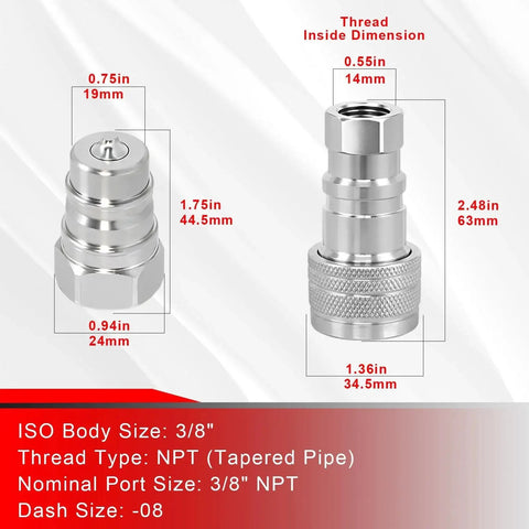 Two Pack One Half Inch Agricultural Hydraulic Quick Connect Couplers With Dust Caps ISO 5675 Pioneer Poppet Style dimensions
