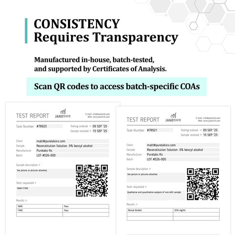 Reconstitution Solution 10 Pack banner with consistency transparency message and two JANOSHIK test reports.
